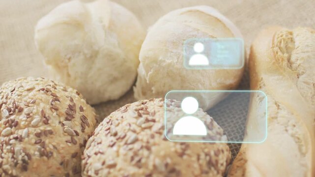 HUD bubbles fading in above bread, sliding upward and stacking to represent social engagement