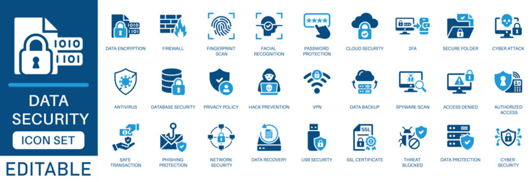 Data security icon set. featuring cyber protection, data protection, network safety, data encryption, cloud privacy, and digital surveillance in blue flat design.