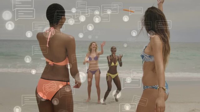 Front woman releasing frisbee four women catching on beach for marketing animated icons overlaying