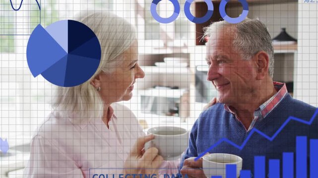 Senior couple in kitchen holding mugs, locking gaze, causing animated charts showing data onscreen