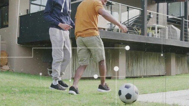 3 boys passing on lawn, player entering taking soccer ball for sports, faint dots over play