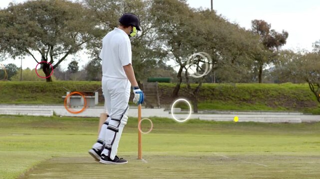 Batsman standing cricket crease icons moving bowler running in bowling by stumps batter walking off