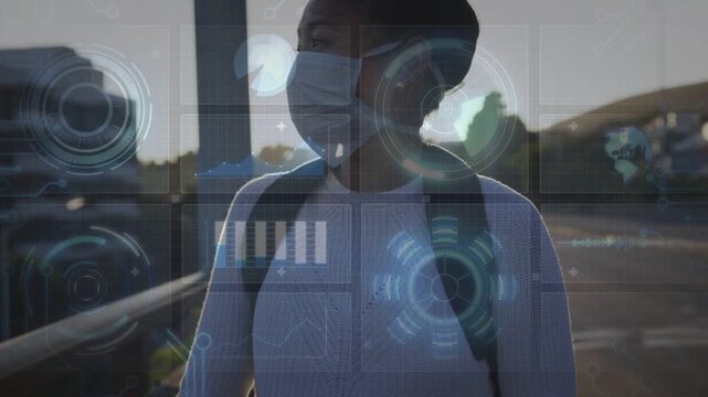 Woman walking roadside railing, tapping phone and activating AR tech HUD with charts, lens flare