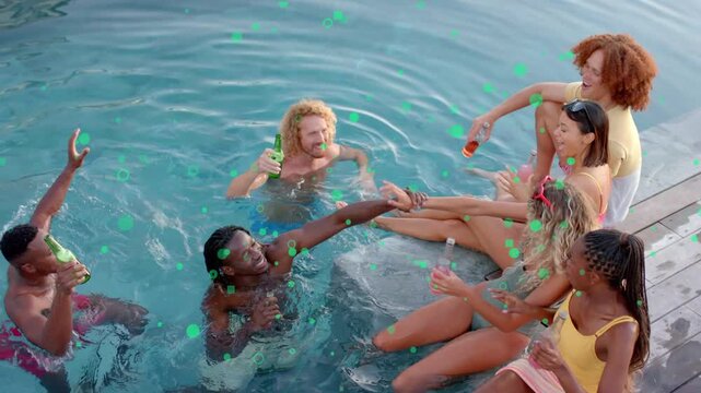 Group sitting poolside, man reaching causing splash, animated ripple showing bottles for marketing
