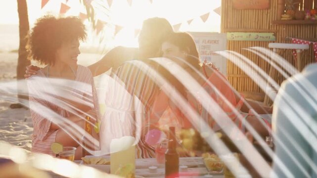 Three women chatting, leaning at picnic table, animated flares sweeping over trio for travel ads