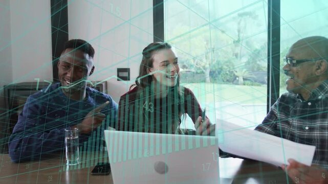 Left man pointing at laptop urging center woman typing and business team reviewing HUD charts