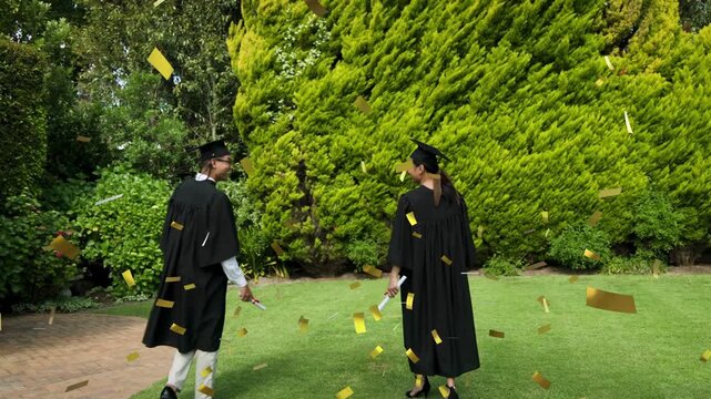 Woman holding diploma, man approaching from left, confetti falling as pair celebrating graduation