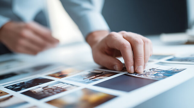 Professional hands organize and select images on a contact sheet, carefully reviewing a collection of small prints in a creative workflow setting