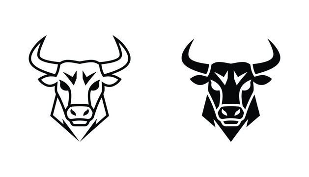 Aggressive bull head mascot logo in sharp outline and solid black silhouette styles for sports team design isolated on white background