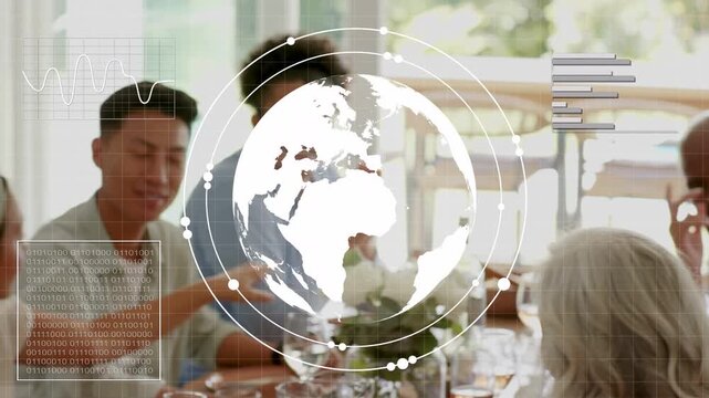 Group of diners dining, passing bottle and clapping as tech globe appearing, HUD animating charts