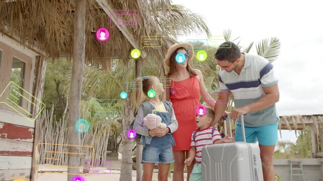Family arriving palapa on vacation, causing social media icons drifting around suitcase and kids