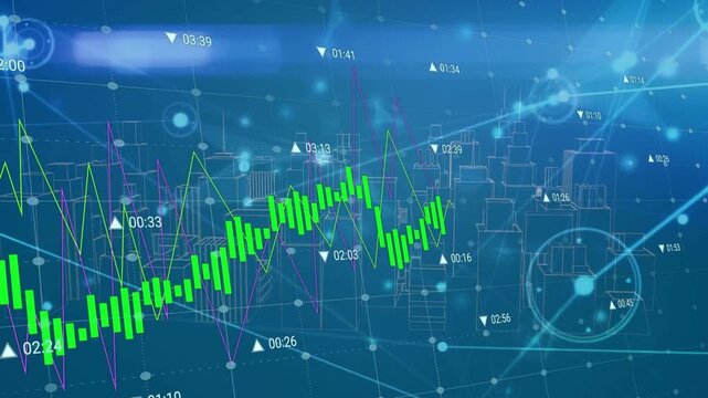On data tick green candle chart falling rising bouncing settling over blue grid city showing trends