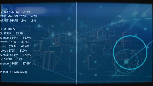 Translucent analytics HUD refreshing and revealing metrics after radar pulse highlighting wireframe