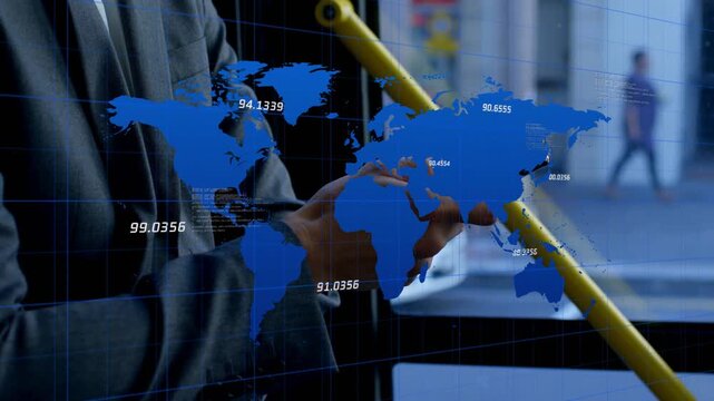 Male commuter gripping yellow pole while tapping phone, updating blue map overlay to check metrics