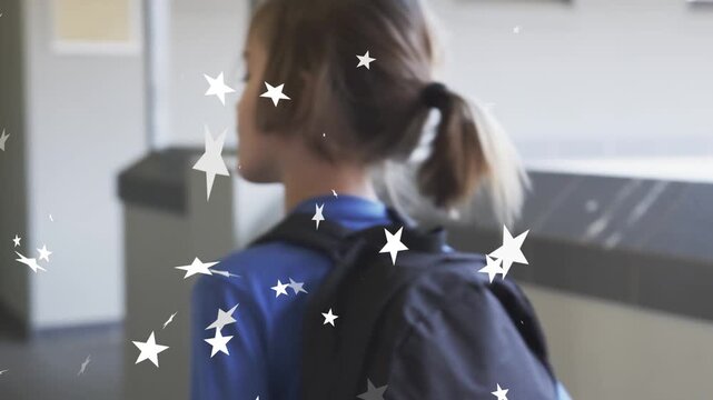 Boy student heading to classroom, turning, holding strap, peeking around column with stars drifting
