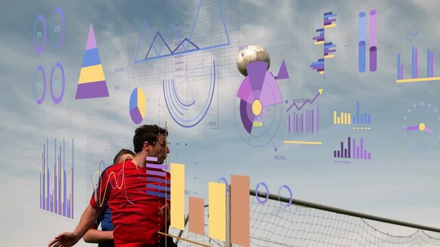 High cross red player heading and blue player contesting trying to score sports charts overlays