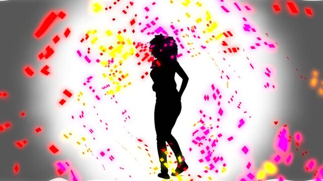 White glow pulsing behind silhouette, dancing and conveying energy as neon squares spiraling