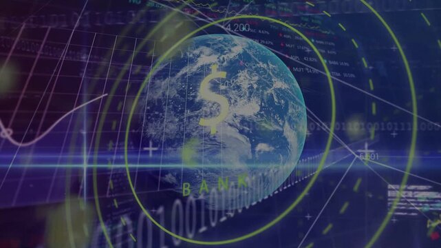 3D globe with dollar sign and BANK pulsing as blue scanline passing, revealing finance HUD