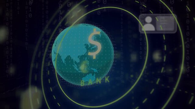 Central bank icon shifting as globe entering right overlaying $ cards forming network linking users
