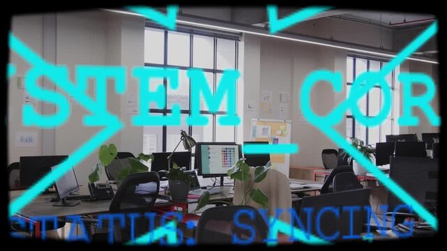 Sync pulse starting cyan HUD shifting and flickering, showing idle desks and screens for syncing