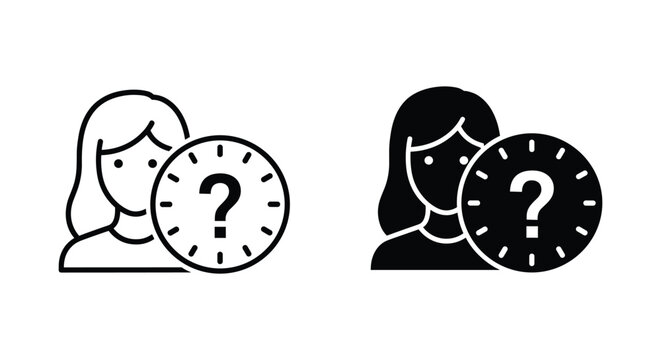 Person silhouette next to a clock face with a question mark representing time management or scheduling uncertainty icon in outline and solid vector styles for business concepts