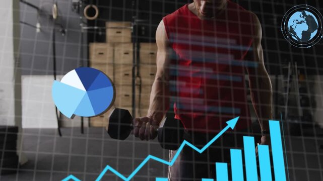 Gym trainee performing bicep curls after HUD appearing animated charts tracking workout progress