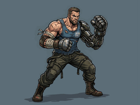 A muscular man in a comic book style with a robotic arm and iron fist logo on his tank top