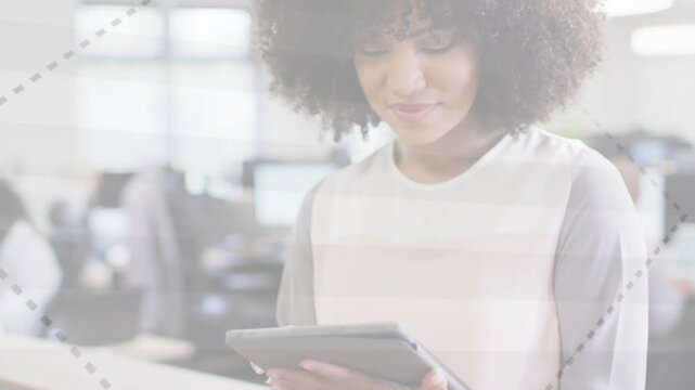 Business woman tapping tablet and checking dashboard, causing overlays sweeping as camera reframing