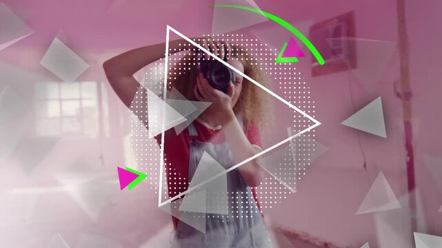 Woman holding camera fixing hair while FLASH SALE graphic growing shards obscuring promoting sale