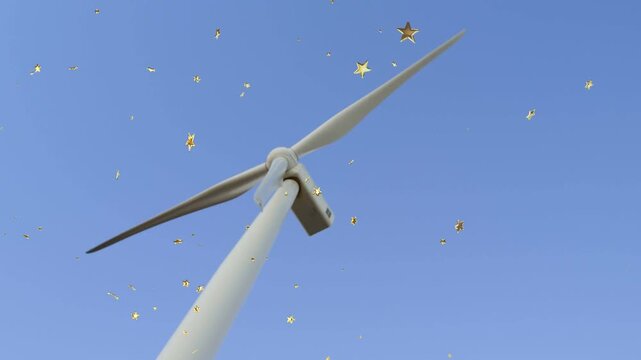 Turbine rotating under light breeze while gold stars drifting across low view, showing wind power