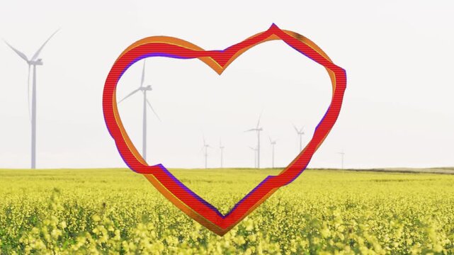 On loop start sketch heart appearing pulsing over canola field turbines aligning for overlay