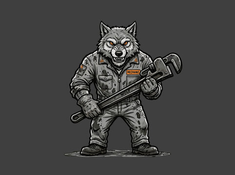 Cartoon wolf in mechanic uniform holding large adjustable wrench on dark background
