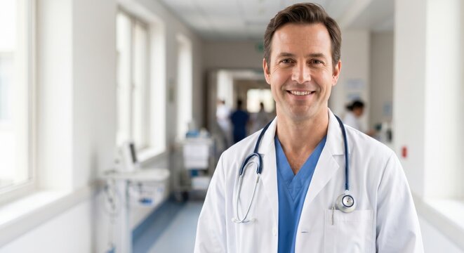 Portrait of Confident Caucasian Male Doctor in Hospital
