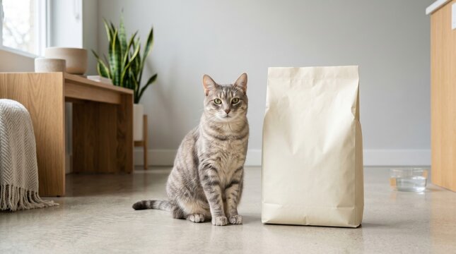 cat with its food pouch mockup