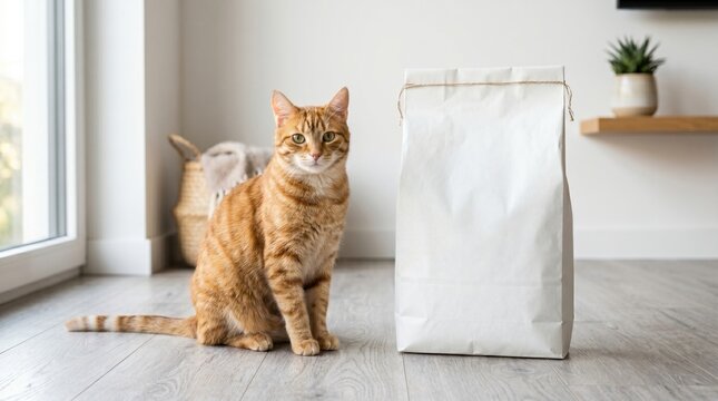 cat with its food pouch mockup