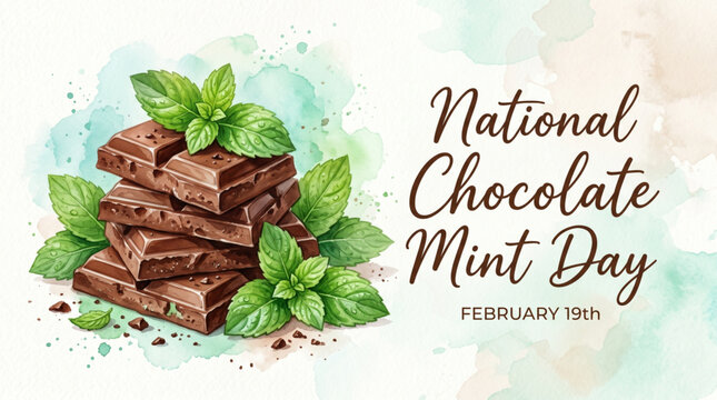 National chocolate mint day banner with watercolor illustration of dark cocoa bars and fresh green leaves for February holiday food marketing

