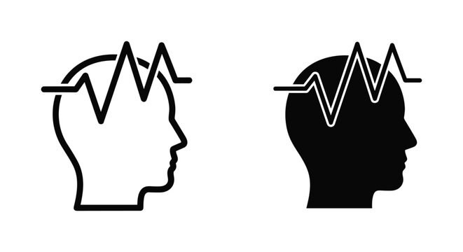Headache and migraine pain icon set showing waves on head as flat vector illustration for medical