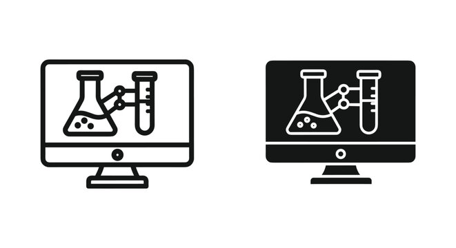 Computer monitor displaying laboratory testing equipment and chemical flasks representing scientific software and remote research digital tools in professional vector icon design style for tech
