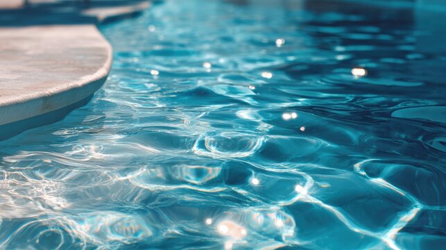 Sparkling Pool Serenity: The tranquil surface of a crystal-clear pool, reflecting sunlight and creating a mesmerizing dance of light and shadow, invites a moment of refreshing calm.