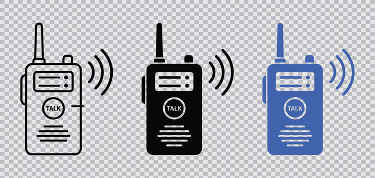 Three walkie talkie icons black outline solid black and blue with signal waves