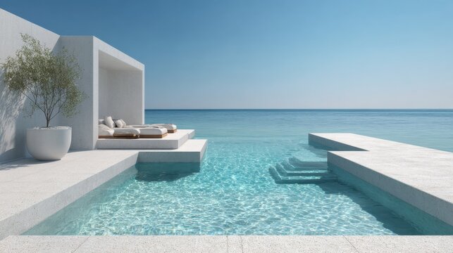 Infinity Pool by the Sea: A serene scene unfolds, showcasing a pristine infinity pool merging seamlessly with the tranquil turquoise waters of the sea, complemented by minimalist architecture.