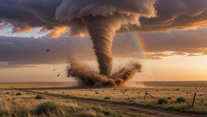 Naklejka premium Tornado touching ground in grassland plain at sunset