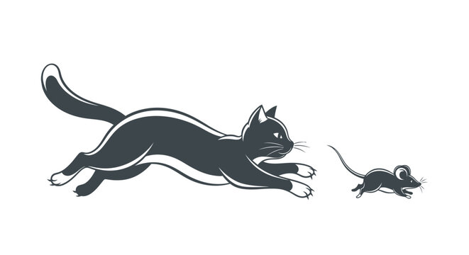 Isolated vector illustration of a black feline cat chasing a cartoon mouse with cheese and a running dog silhouette mammal pet art icon