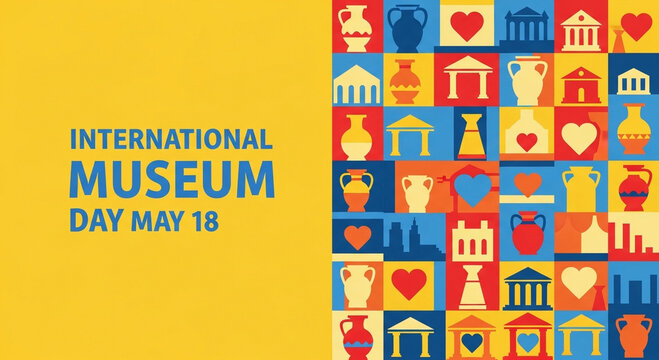 International museum day may 18 colorful icon collage with museum artifacts and hearts on yellow background