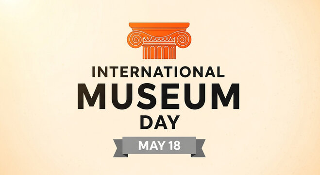 International museum day logo with column and date may 18 on beige background symbolizing culture and heritage