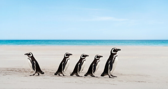 Magellanic penguin facing the opposite direction of its group on a Falkland Islands beach, symbolizing individuality, different thinking, and standing out from the crowd.