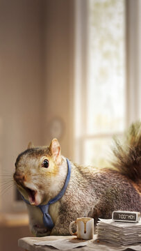 Funny surprised squirrel in tie at office desk with papers and coffee at 7am Monday, symbolizing work stress, burnout and chaotic start to the workweek.