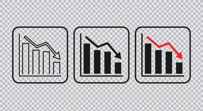 Financial downturn icons illustrating declining trends and economic recession with bar graphs