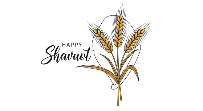 Golden wheat illustration with elegant handwritten shavuot greeting on a clean white background minimalist holiday design