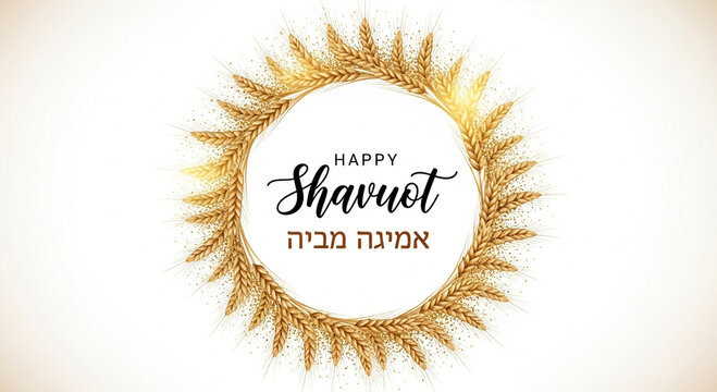 Happy shavuot jewish holiday greeting with wheat wreath and hebrew text on white background